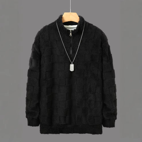 Men's Checked Sherpa Half-Zip Pullover with High Stand Collar and Soft Teddy Fleece Quality Mune Fashion