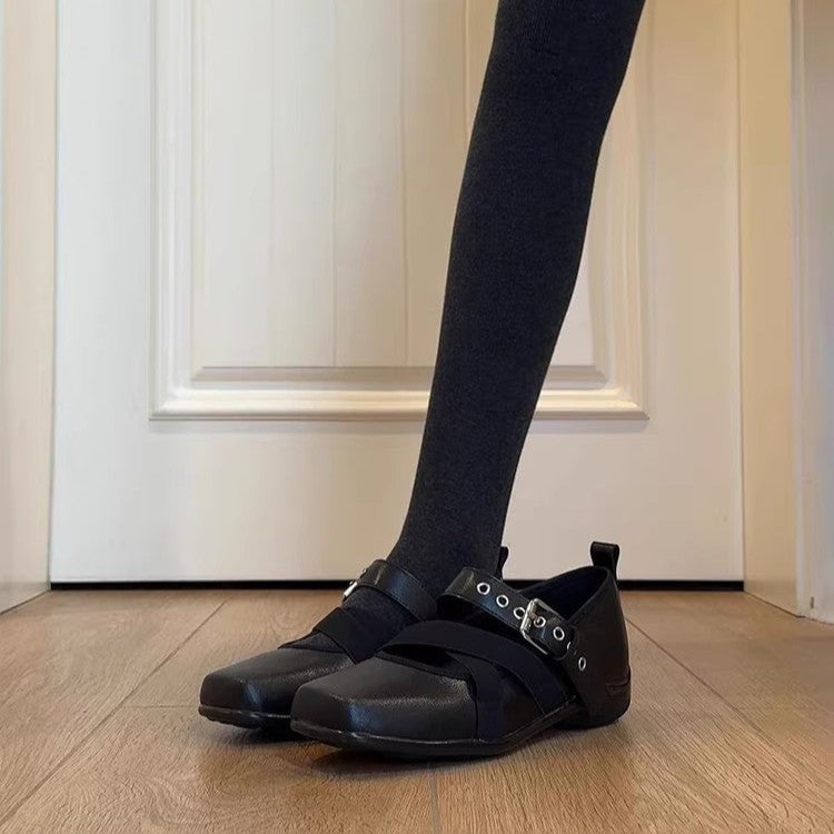 Women's Mary Jane slippers with square toe, crossed elastic straps and decorative strap Mune Fashion
