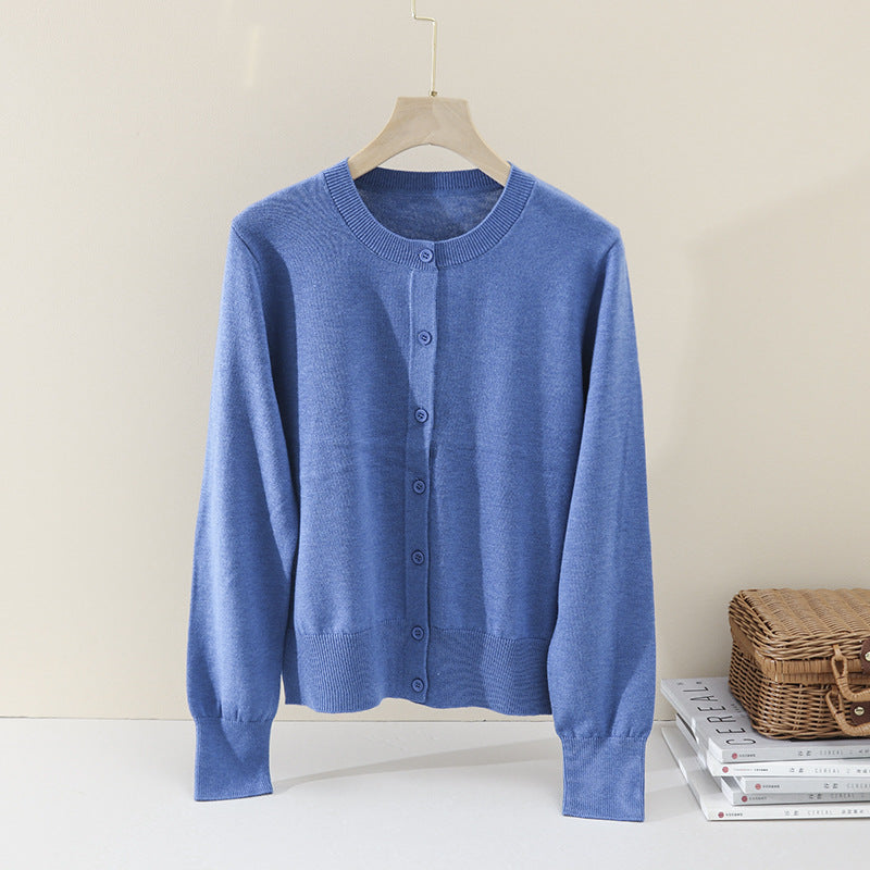 Women Fine Button Cardigan with Round Neckline, Slim Fit and Ribbed Finishes Mune Fashion