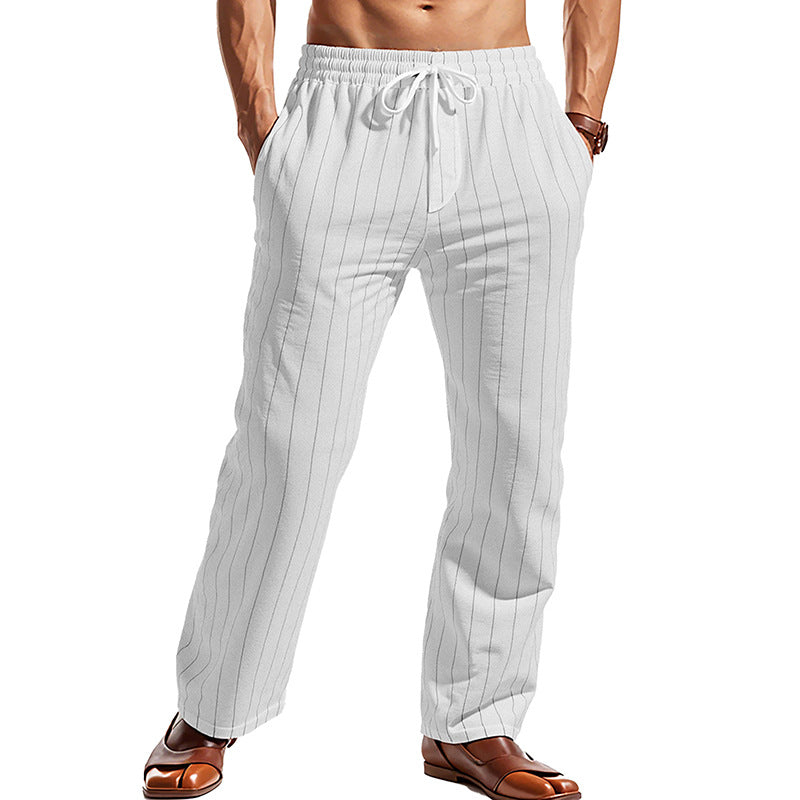 Men's elegant pinstripe casual pants with elastic tunnel drawstring waistband, straight leg and corded hem Mune Fashion