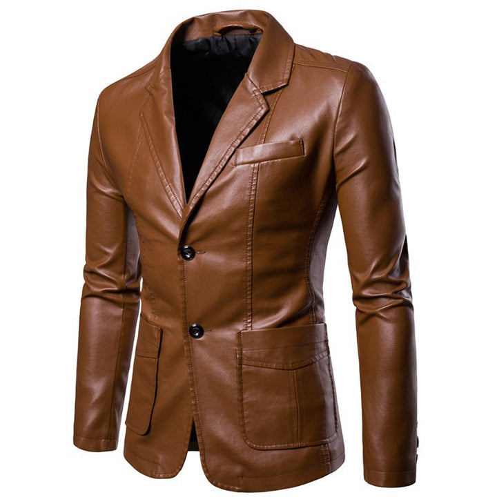 Men's Figure-Hugging Leather-Look Blazer with Shirt Collar and Two-Button Front Mune Fashion