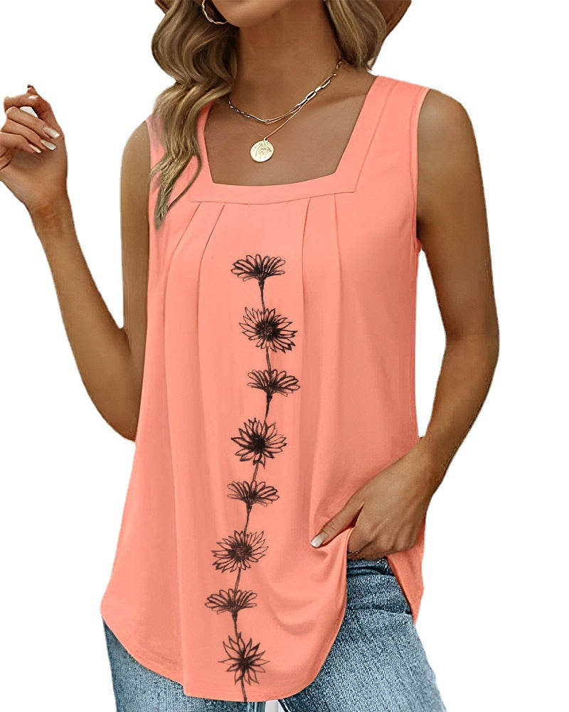 Women's sleeveless long top with square neckline, pleated yoke and central floral print Mune Fashion