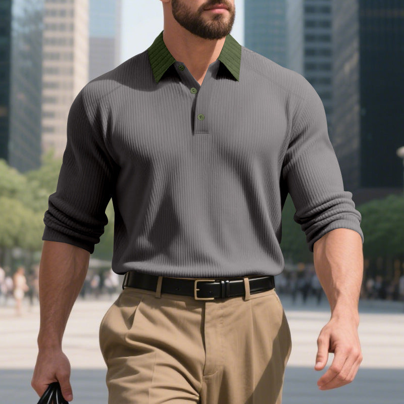 Men's ribbed long-sleeve polo with Kent collar and concealed button placket Mune Fashion