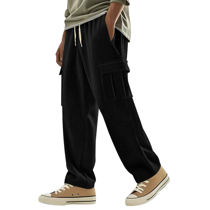 Men's corduroy cargo pants with wide leg, drawstring waistband, and patch cargo pockets