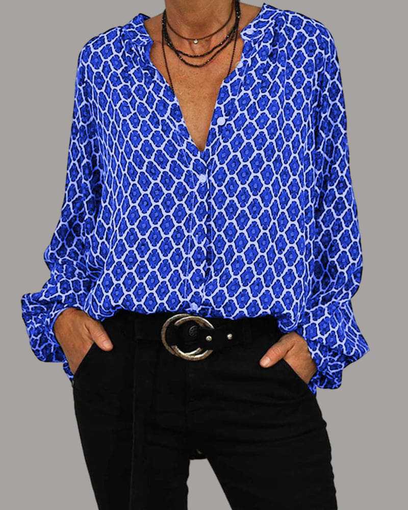 Women Loose Fit Viscose Blend Blouse with V-Neck, Button Placket and Balloon Sleeves Mune Fashion
