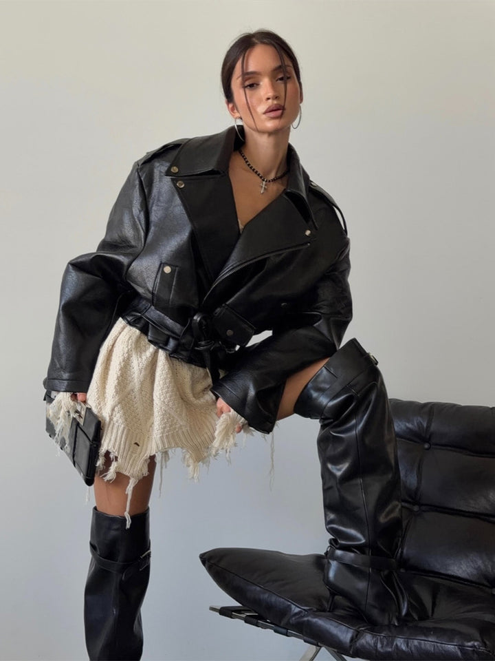 Women's Oversized Biker Jacket made of vegan leather imitation with waist belt & epaulettes Mune Fashion