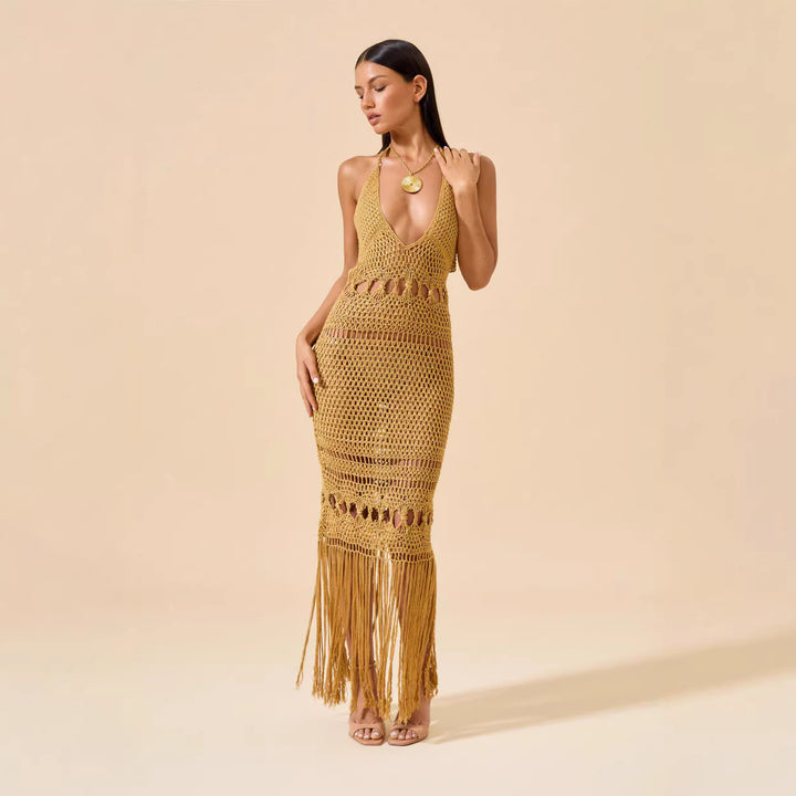 Women's Crochet Beach Dress with Deep V-Neck and Creative Cut-Out