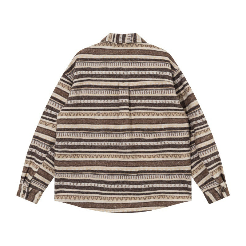 Unisex Oversize Knit Shirt Jacket in Ethnic Stripe Pattern with Flap Pockets Mune Fashion