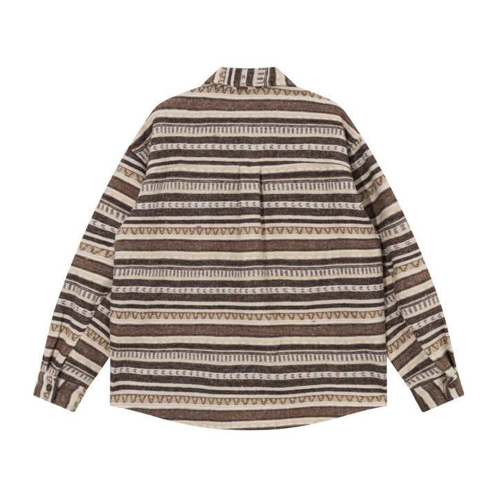 Unisex Oversize Knit Shirt Jacket in Ethnic Stripe Pattern with Flap Pockets Mune Fashion