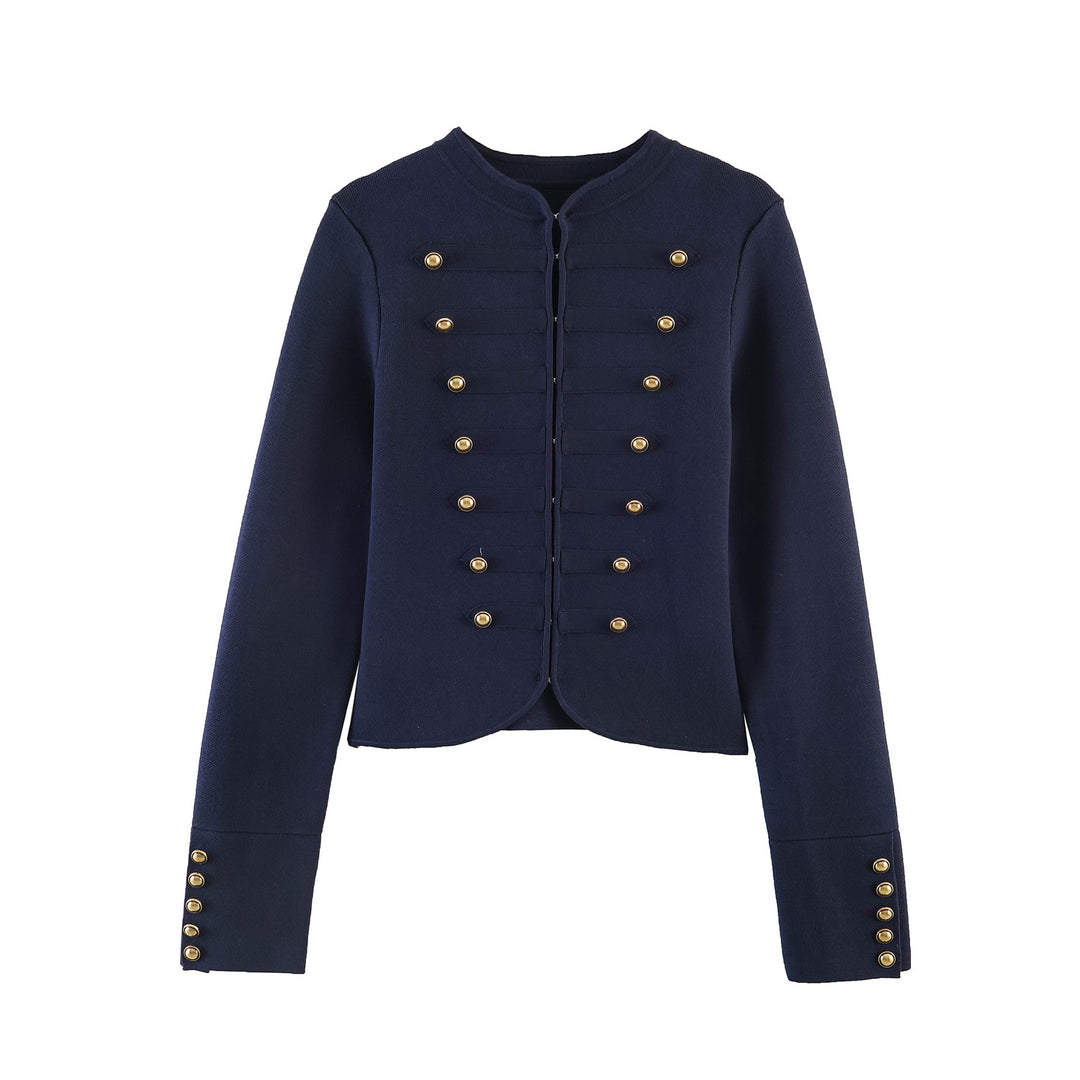 Women’s Collarless Cropped Military Jacket with Decorative Brass Button Placket Mune Fashion