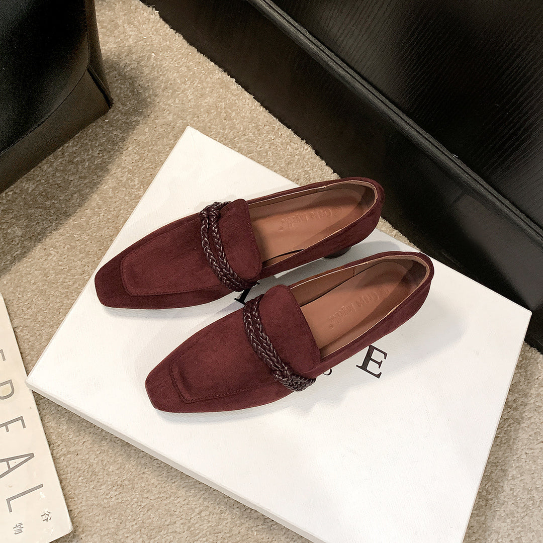 Women Suede Loafers with Braided Strap Detail and Low Block Heel Mune Fashion