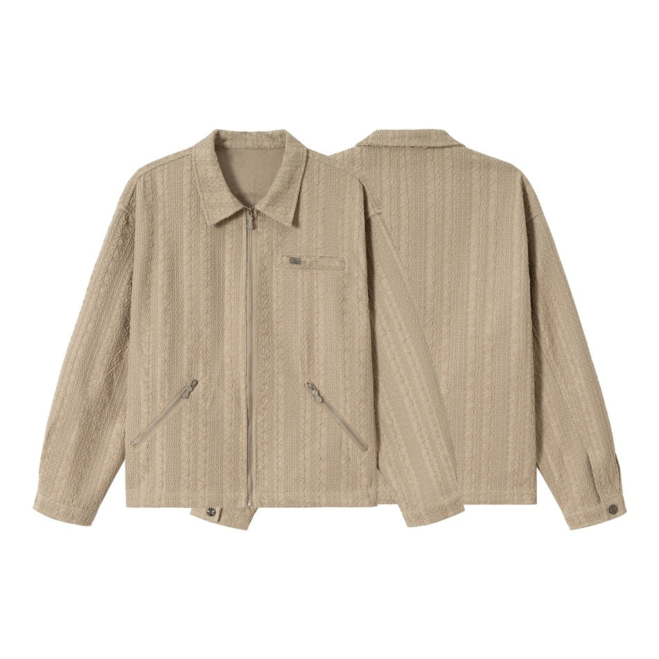 Unisex Textured Zip Blouson Jacket in Boxy Cut with Shirt Collar and Diagonal Zipper Pockets Mune Fashion