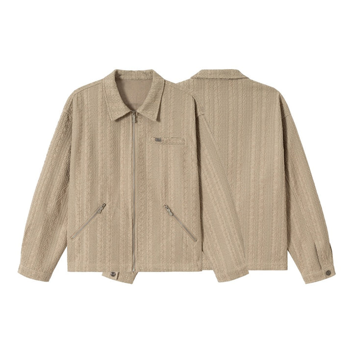 Unisex Textured Zip Blouson Jacket in Boxy Cut with Shirt Collar and Diagonal Zipper Pockets Mune Fashion