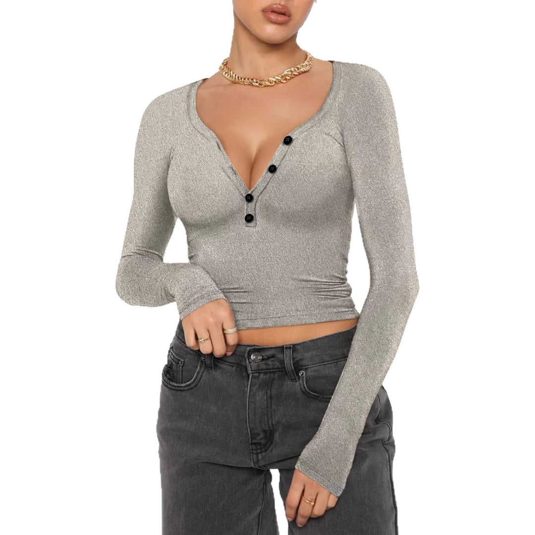 Women's fitted ribbed long sleeve with Henley button placket and deep V-neck Mune Fashion