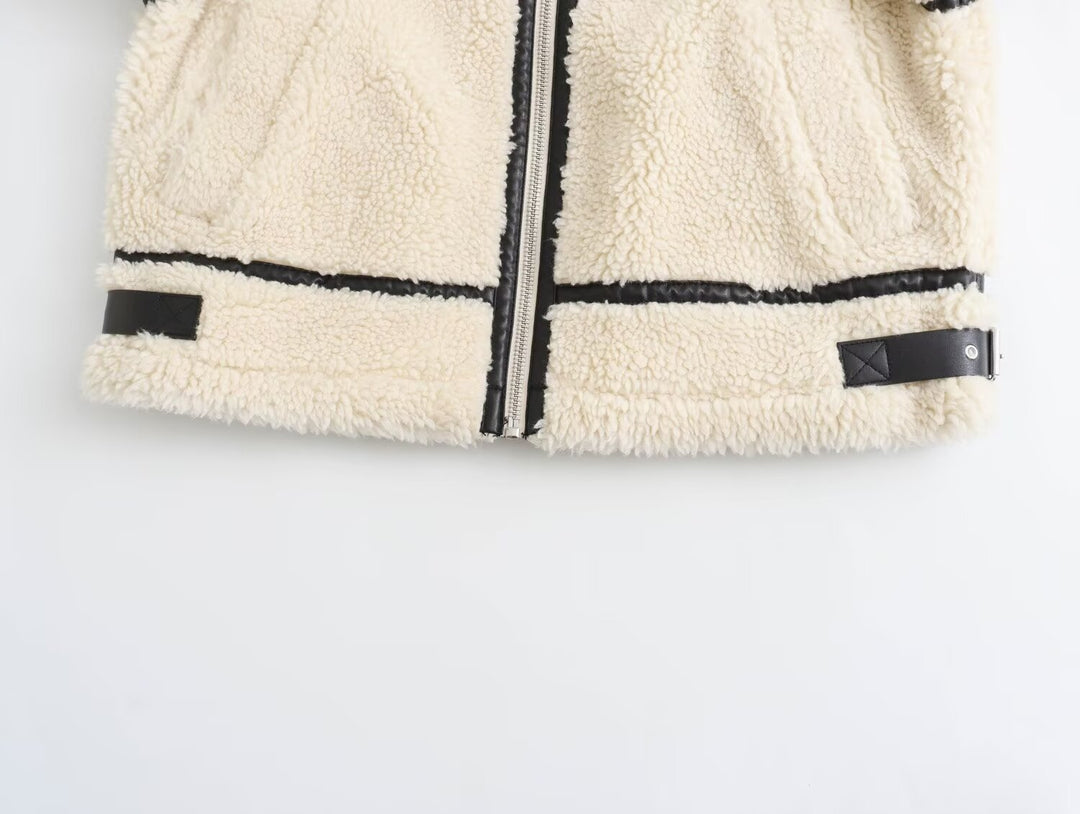 Women's Oversized Teddy Jacket in Aviator Style with Faux Leather Piping, Stand Collar and Zipper Mune Fashion