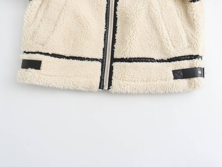 Women's Oversized Teddy Jacket in Aviator Style with Faux Leather Piping, Stand Collar and Zipper Mune Fashion