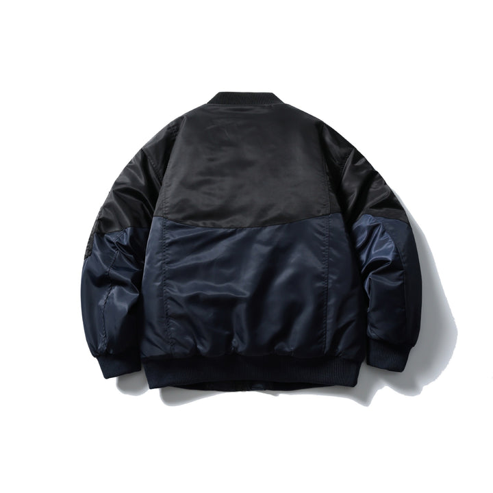 Unisex Short Cut Two-Tone Nylon Bomber Jacket with Utility Flap Pockets and Sleeve Zipper Mune Fashion