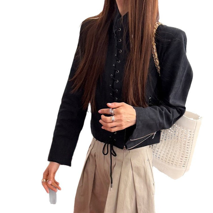 Women's Short Cut Lace-Up Biker Jacket with Asymmetrical Zipper Mune Fashion