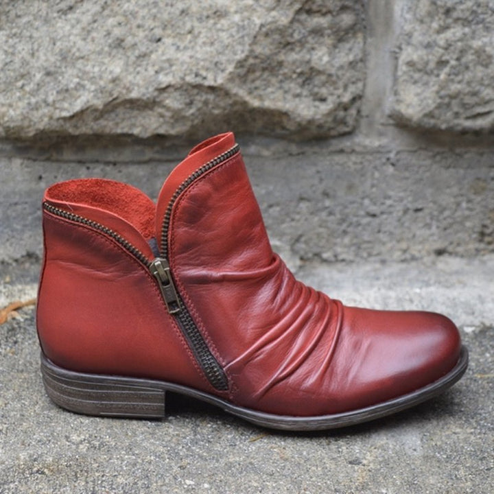 Women's Slouch Ankle Boots made of leather with side zipper and low block heel Mune Fashion
