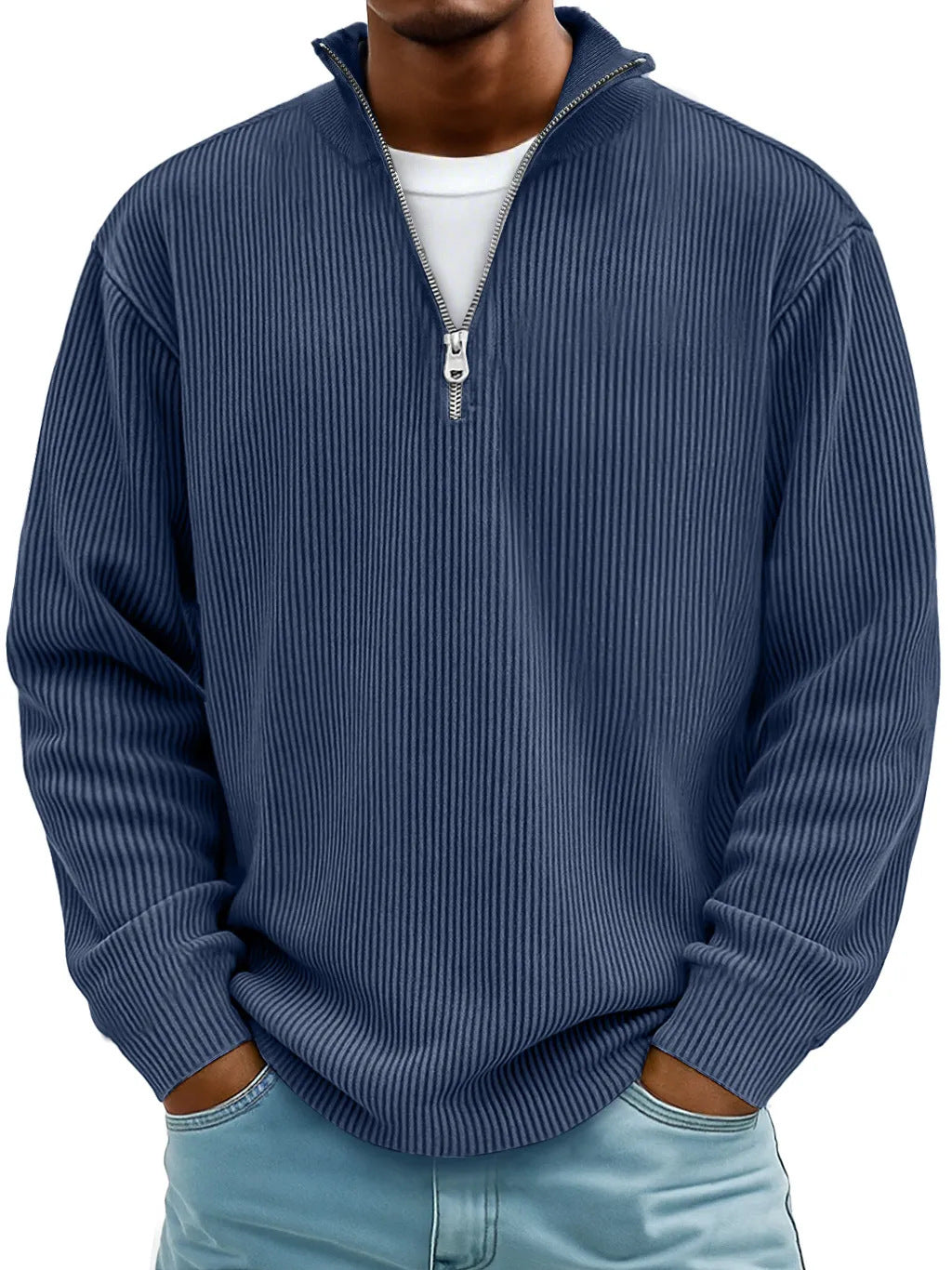 Men's ribbed knit pullover with half zipper and stand-up collar Mune Fashion