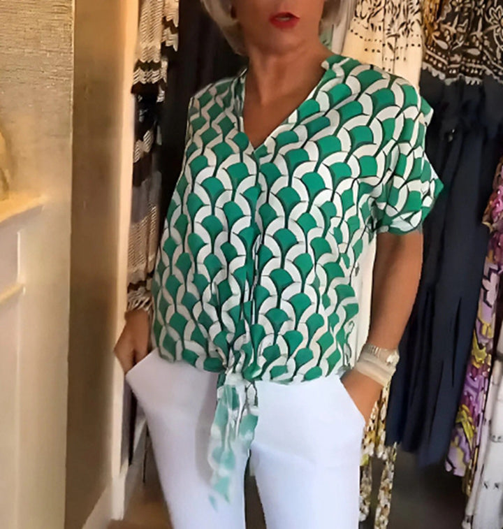 Women’s short-sleeved geometric blouse shirt with knot waistband and stand-up collar Mune Fashion