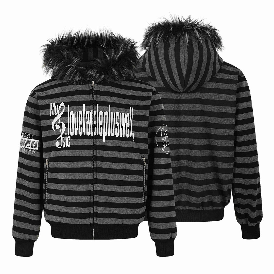 Unisex Striped Hooded Jacket with Faux Fur Hood and Zipper Pockets Mune Fashion