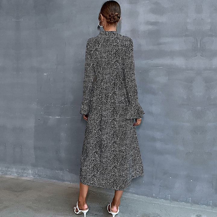 Women's midi dress with stand collar and tie bow, long sleeve A-line with fine polka dot pattern Mune Fashion