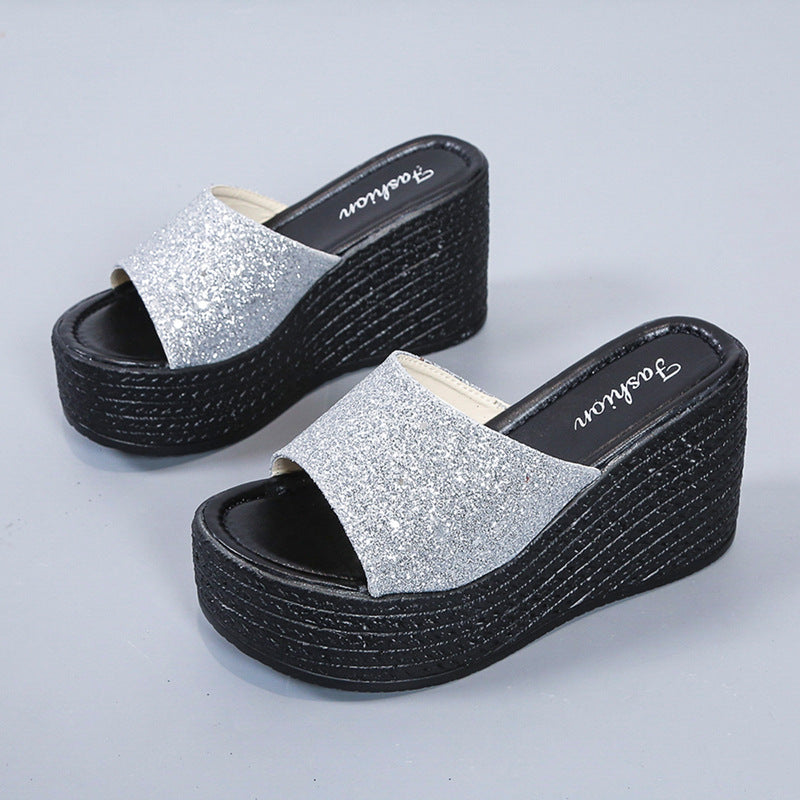 Women's open platform mule with sparkling strap, patterned wedge sole, and cushioned comfort footbed Mune Fashion
