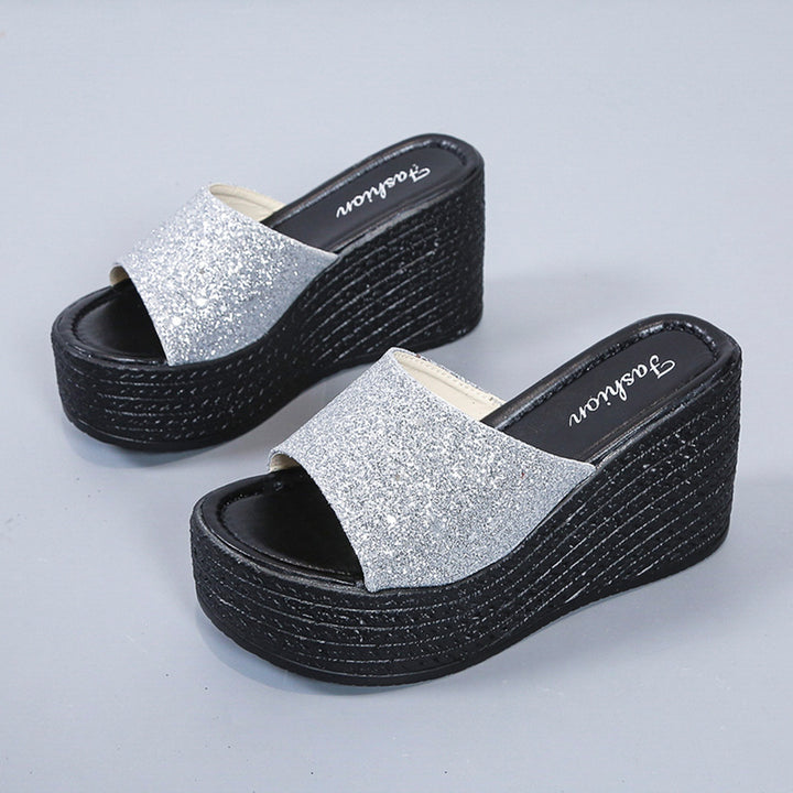 Women's open platform mule with sparkling strap, patterned wedge sole, and cushioned comfort footbed Mune Fashion