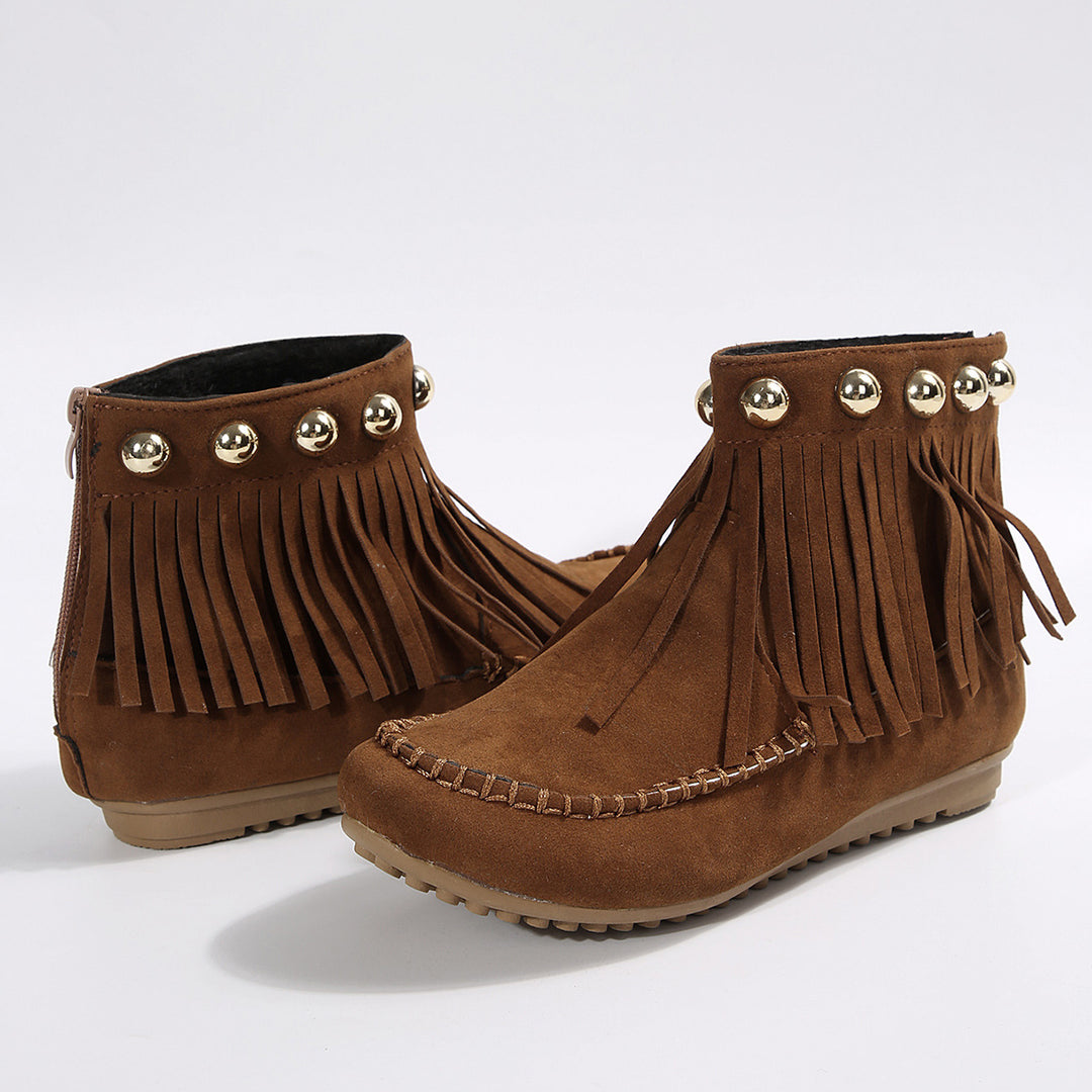 Women's Fringe Moccasin Ankle Boot with Decorative Rivets and Back Zipper Mune Fashion