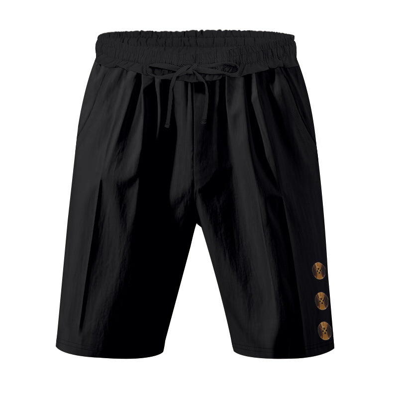 Men's knee-length casual Bermuda shorts with elastic tunnel drawstring waist, side slit pockets, and round decorative appliqués Mune Fashion