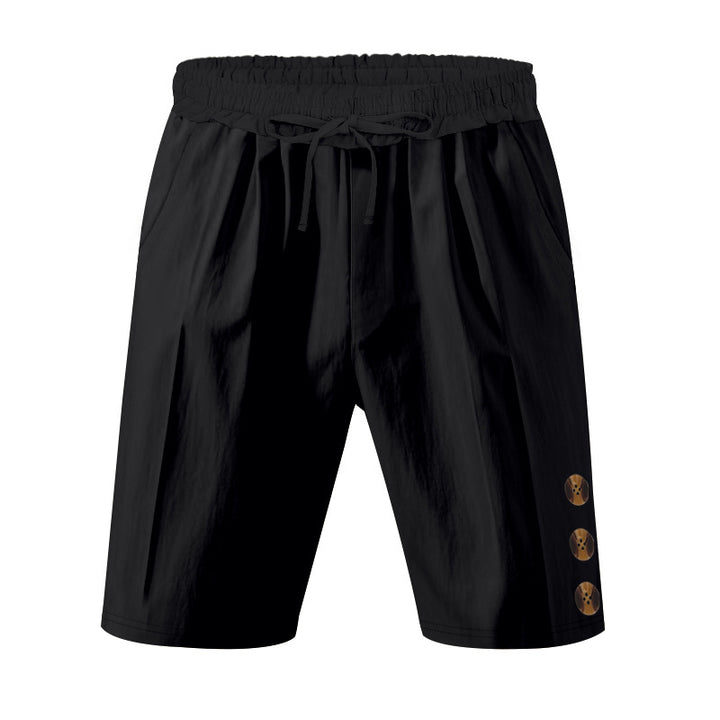 Men's knee-length casual Bermuda shorts with elastic tunnel drawstring waist, side slit pockets, and round decorative appliqués Mune Fashion