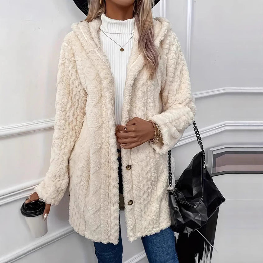 Ladies nan cozy teddy coat with hood, button placket and pockets Mune Fashion