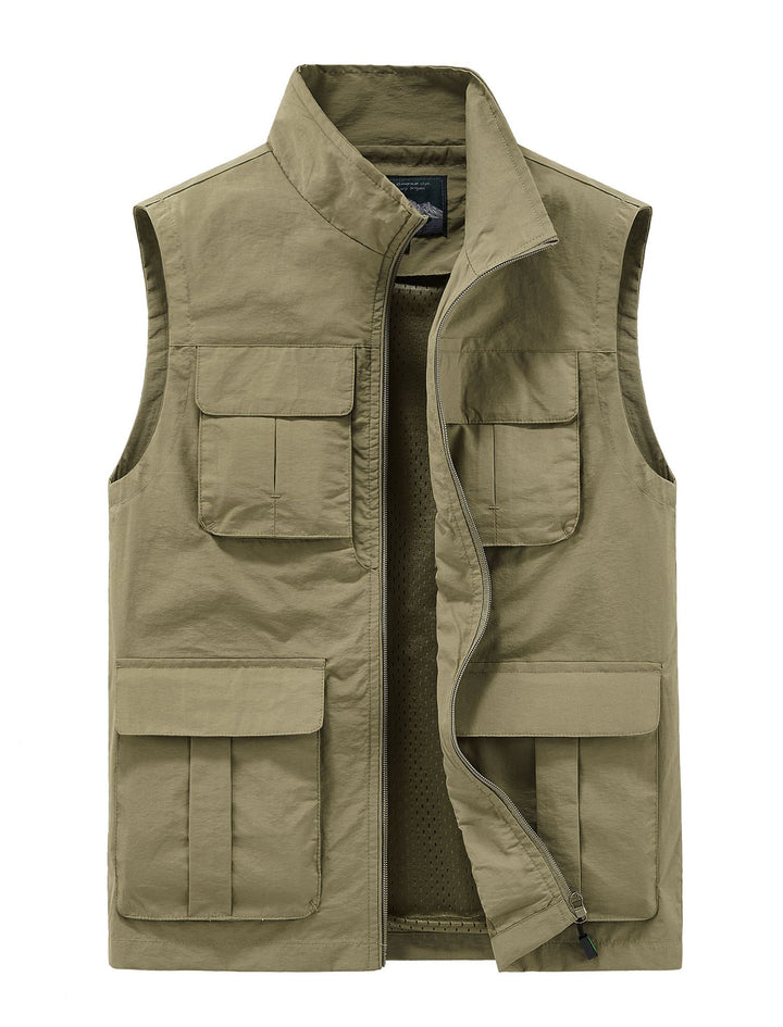 Men's Multifunctional Canvas Utility Vest with High Stand Collar and Multiple Flap Pockets Mune Fashion