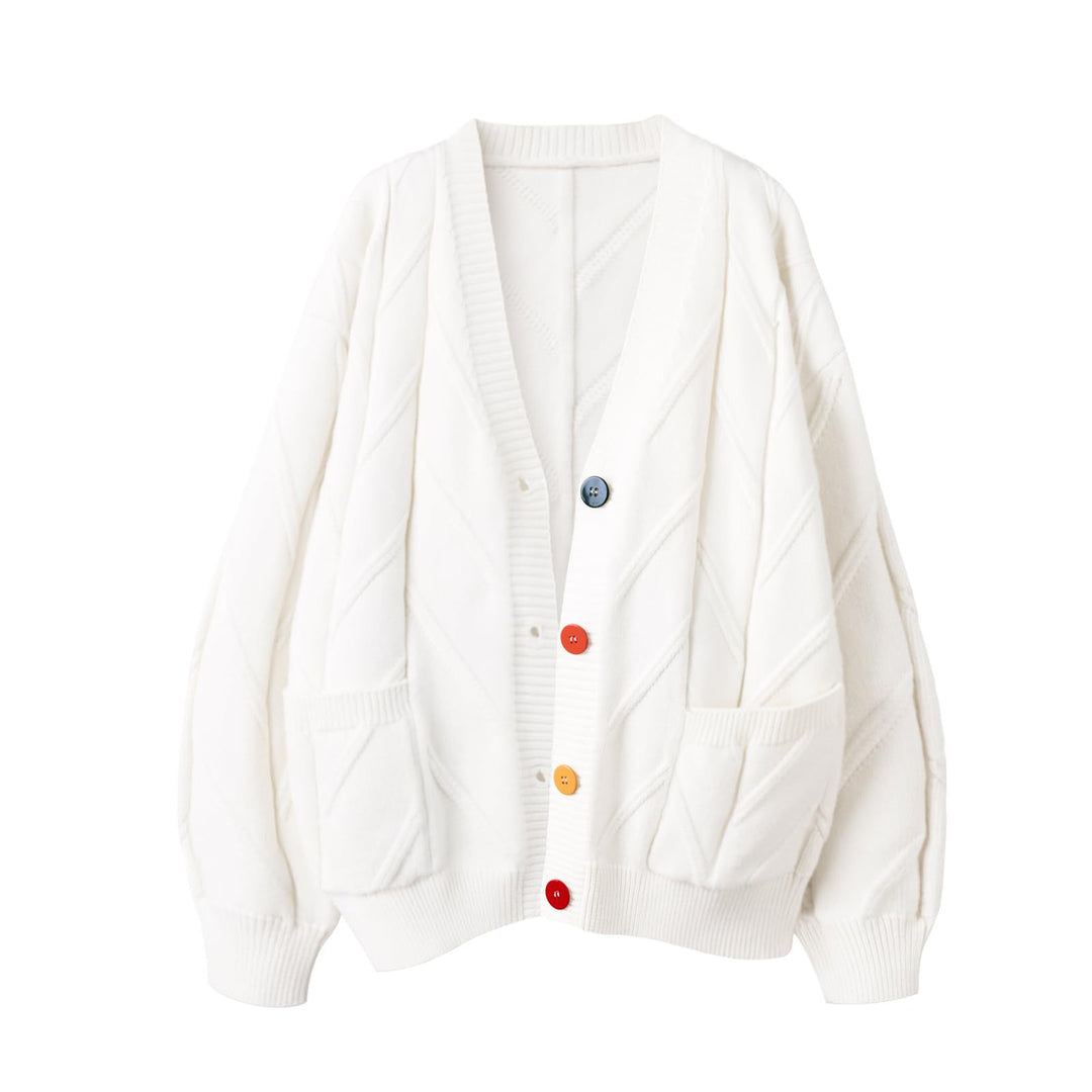 Women's Stylish Knitted Cardigan with Colorful Buttons and Elaborate Design