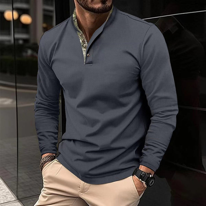Men's long-sleeved Henley polo shirt with stand-up collar, fine texture, and patterned inner collar Mune Fashion