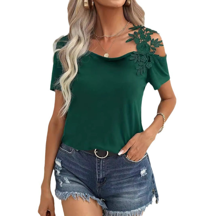Women's off-the-shoulder jersey shirt with floral lace application and loose fit Mune Fashion