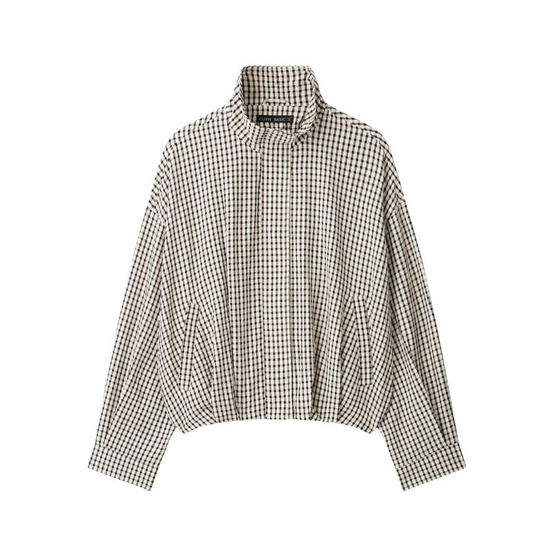 Women's short cropped checkered blouson jacket with stand-up collar, elastic hem and hidden zipper Mune Fashion