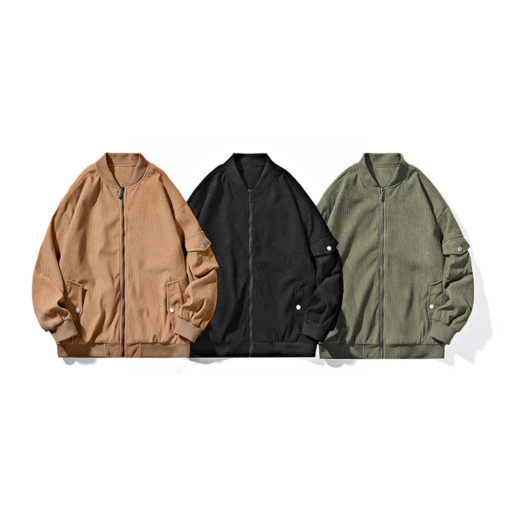 Men's bomber jacket in cord structure look with utility arm pocket, concealed zipper & ribbed cuffs Mune Fashion