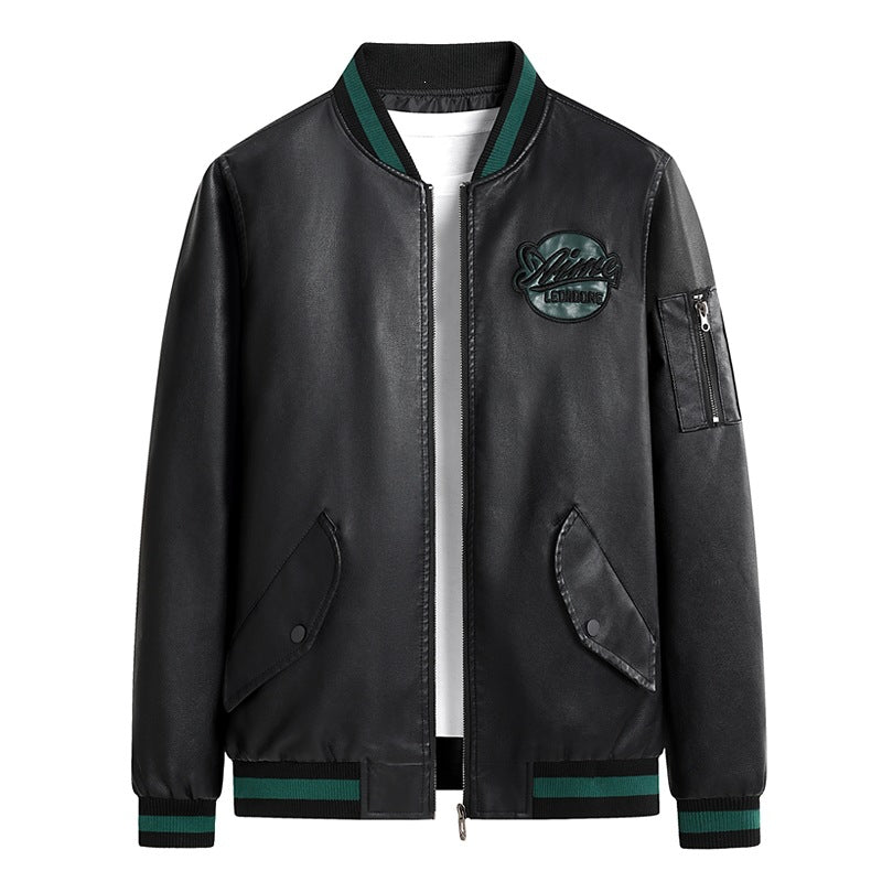 Men's Fashionable Faux Leather Bomber Jacket with Practical Pockets Mune Fashion