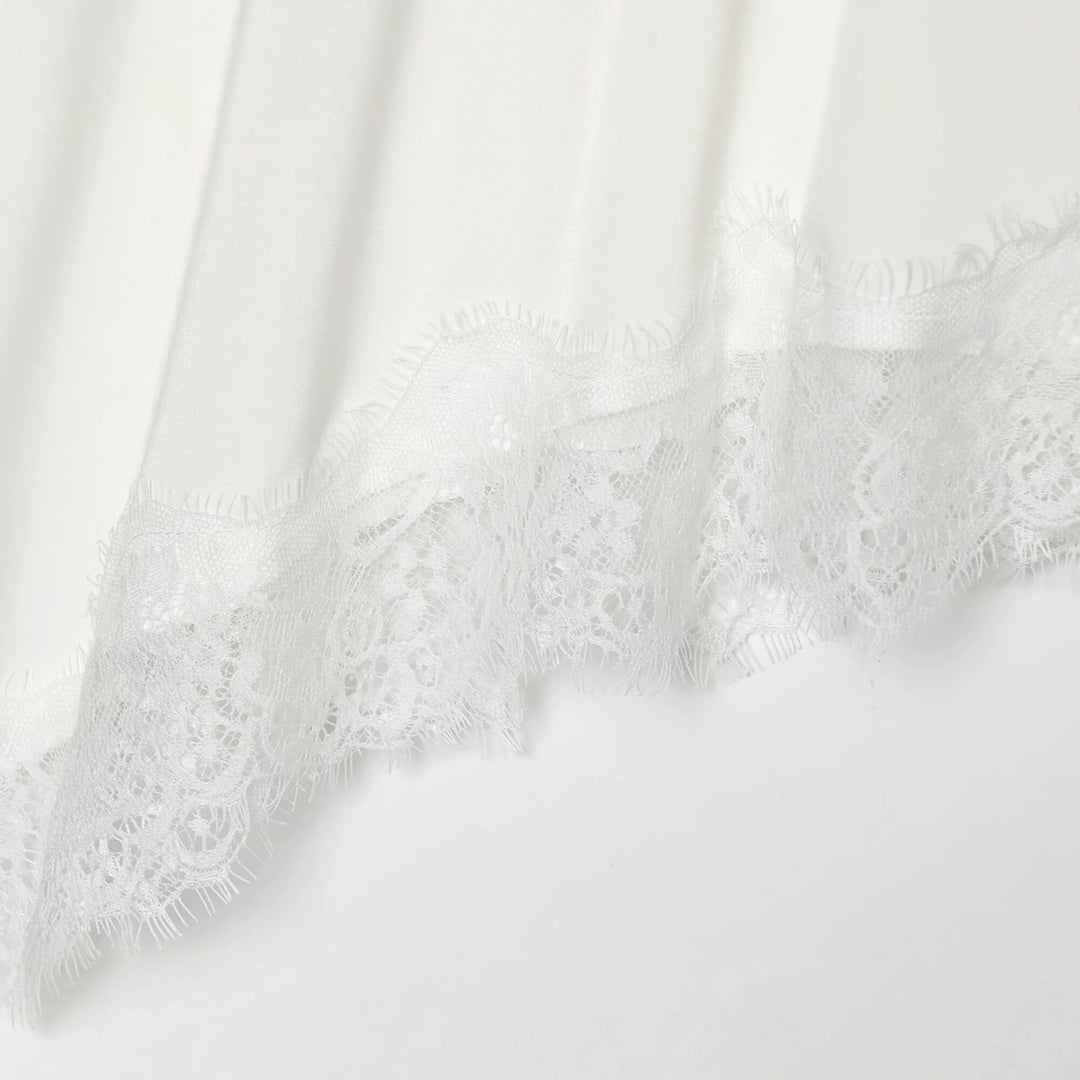 Women Asymmetrical Long Sleeve Blouse with Lace Trim and Round Neckline Mune Fashion
