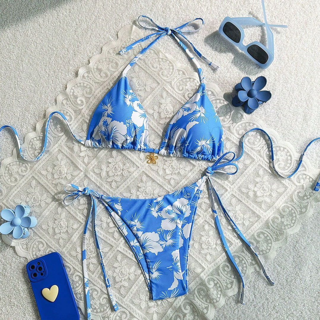 Women's triangle bikini with floral accents and intricate ties Mune Fashion