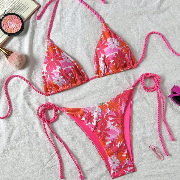 Women’s Floral Design Triangle Bikini with Side Tie Straps Mune Fashion