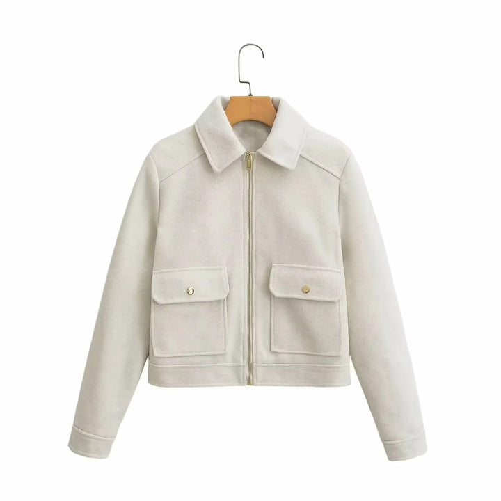 Women nan boxy wool blend shacket with concealed metal zipper, shirt collar, and patch pockets Mune Fashion