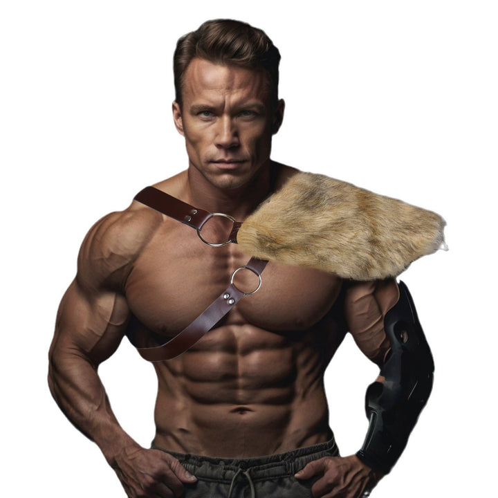 Men's decorative leather chest harness with removable faux fur shoulder pads Mune Fashion