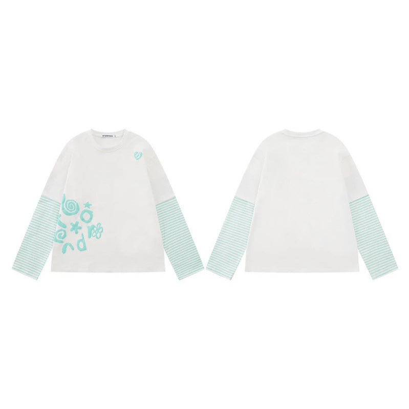 Women's Layered Long Sleeve Shirt in Layer Look with Striped Insert Sleeves and Playful Graphic Doodle Print Mune Fashion
