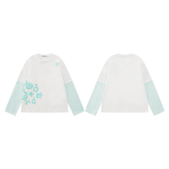 Women's Layered Long Sleeve Shirt in Layer Look with Striped Insert Sleeves and Playful Graphic Doodle Print Mune Fashion