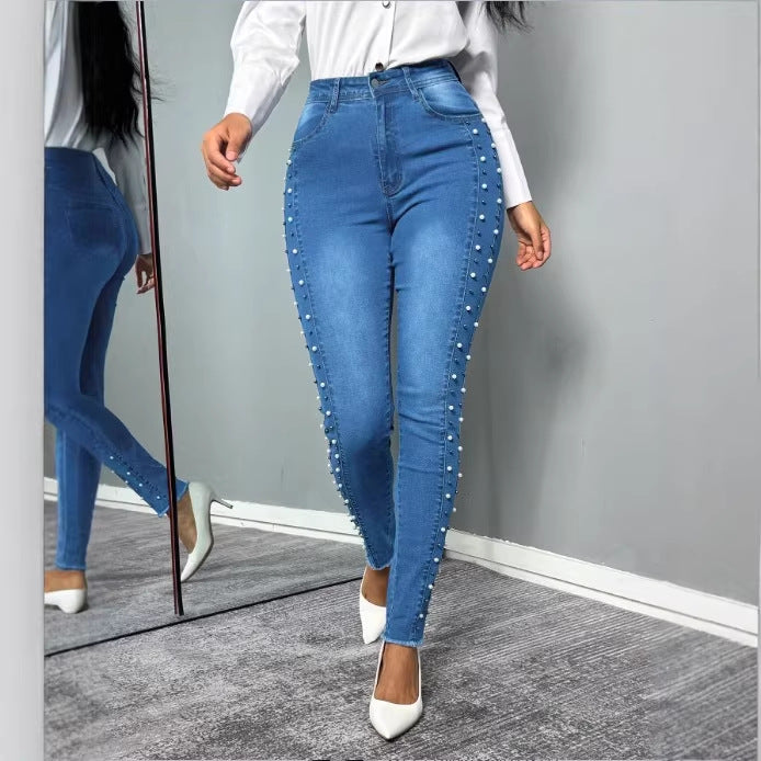 Women's shaping high-waisted skinny jeans with side pearl embellishment Mune Fashion