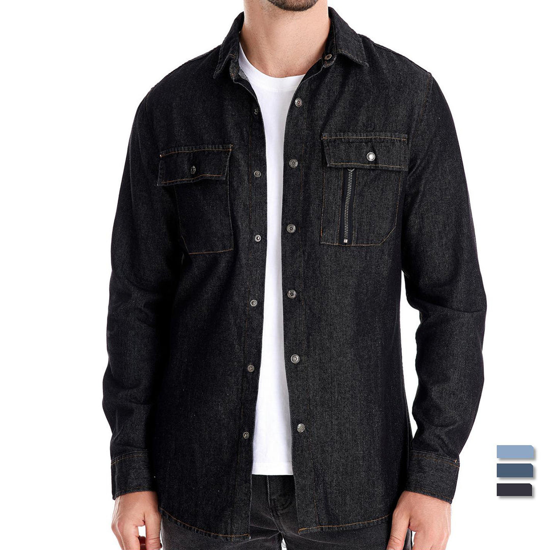 Men's tailored denim shirt with Kent collar, patch chest pockets and contrast stitching Mune Fashion