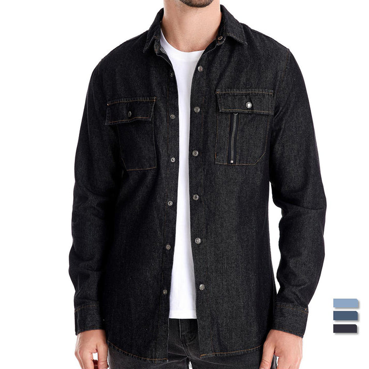 Men's tailored denim shirt with Kent collar, patch chest pockets and contrast stitching Mune Fashion